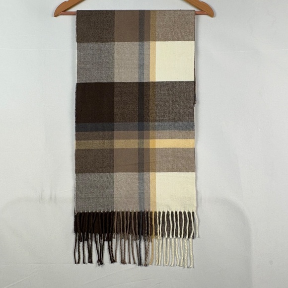 100% Cashmere Hand Tailored Plaid Scarf Fringed Brown Germany Academia 12.5 X 66 - Picture 1 of 7